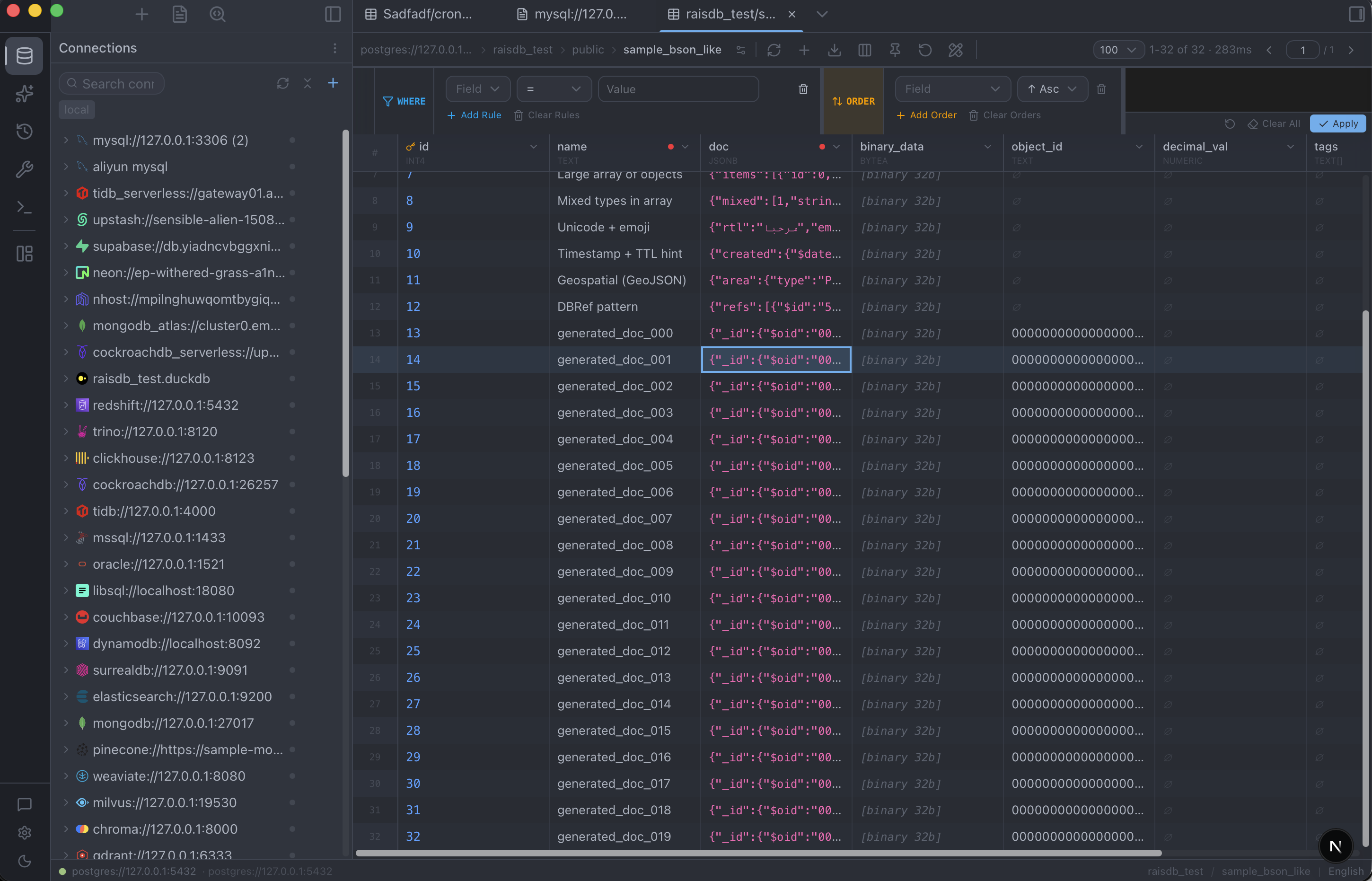 Data Browser — The RaisDB desktop client: a list of database connections on the left, and a data table view with a visual query builder on the right