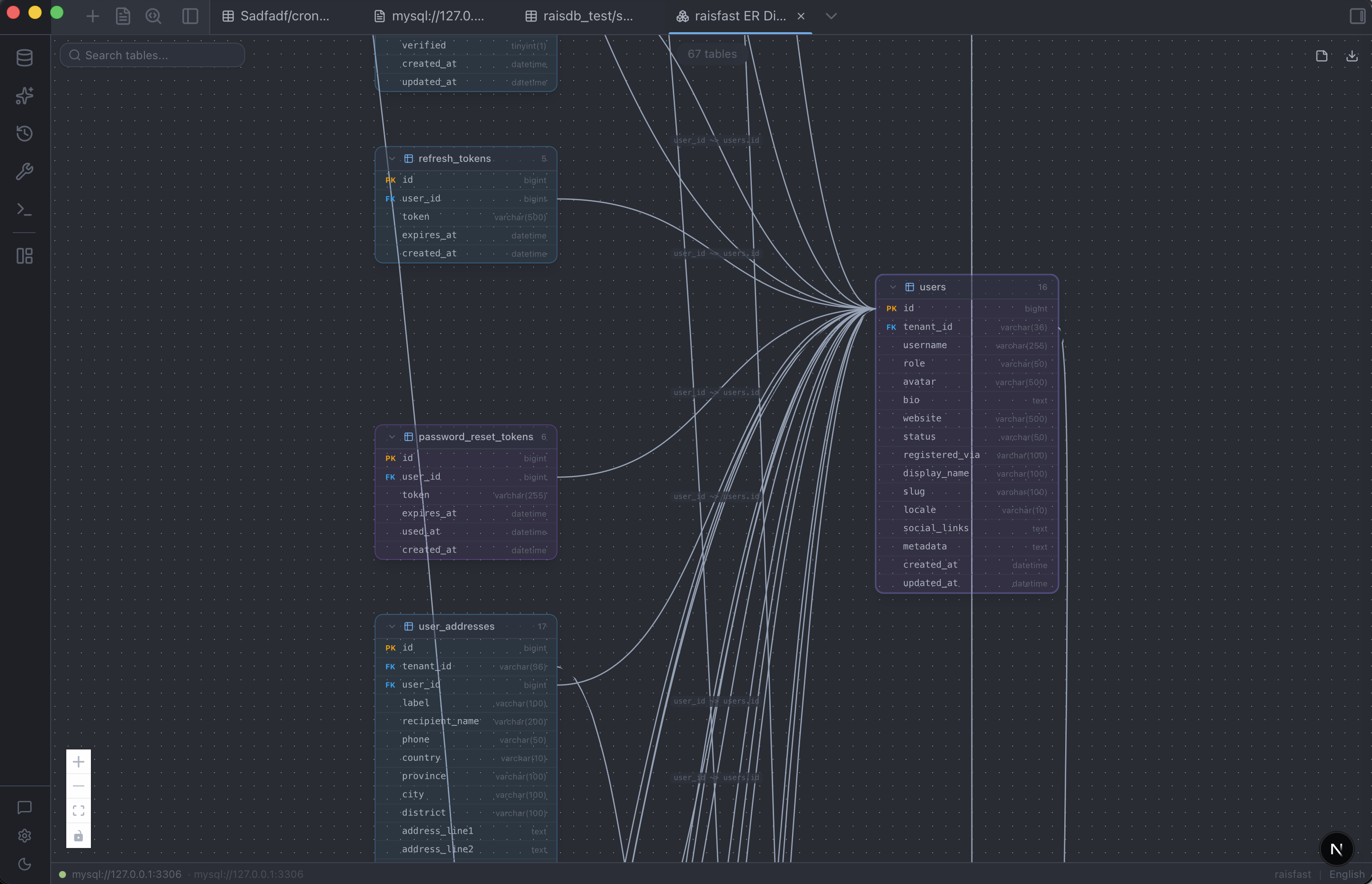 Schema Inspector — The RaisDB desktop client: a list of database connections on the left, and a data table view with a visual query builder on the right